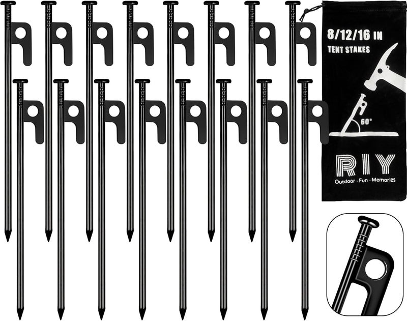 RIY Tent Stakes Heavy Duty 8 inch Metal Tent Pegs for Camping Steel Tent Stakes Inflexible and Unbreakable-16 PCS - Image 1